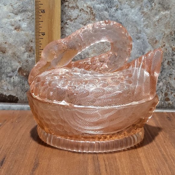 VTG Pink Glass Nesting Swan Covered Trinket Oval Candy Dish Peach Translucent - Picture 9 of 15